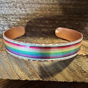 Handmade Boho Copper Narrow Cuff Bracelet, Diamond Cut Rainbow Pride Design, Gi